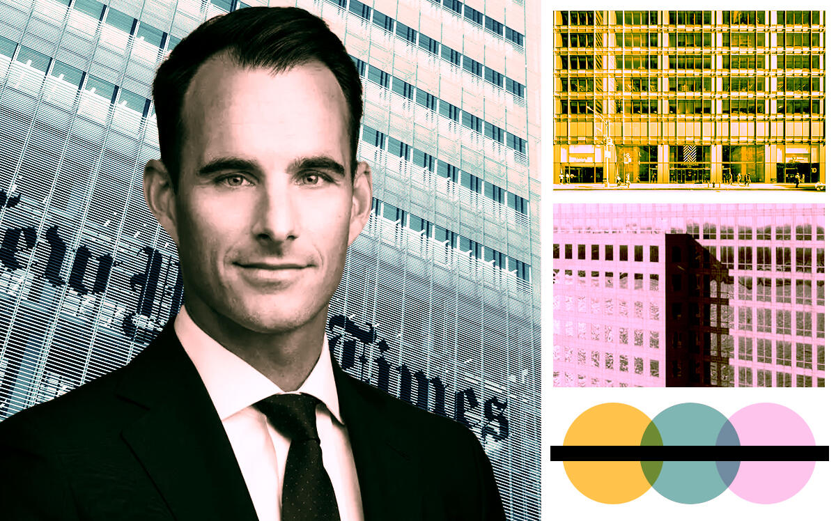 Brookfield Properties' Ben Brown and the New York Times Building at 620 Eighth Avenue (Brookfield, Getty Images, LoopNet)