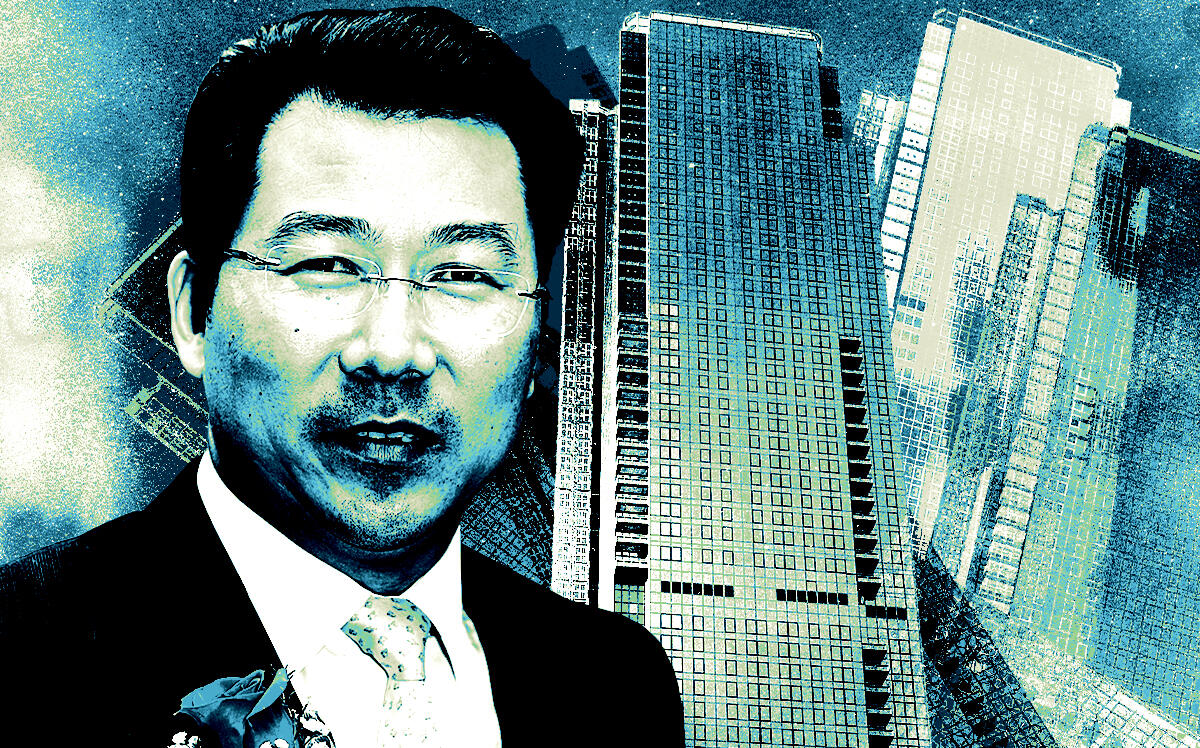 Chris Jiashu Xu and the Skyline Tower (Photo Illustration by Steven Dilakian for The Real Deal with Getty Images, Jim.henderson, CC BY-SA 4.0 - via Wikimedia Commons)