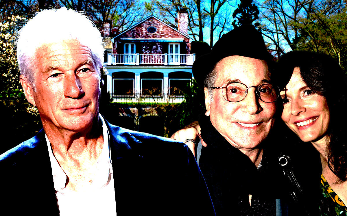 From left: Richard Gere, Paul Simon and Edie Brickell in front of 82 Brookwood Lane in New Canaan, Connecticut (Getty Images, William Pitt Sotheby's International Realty)