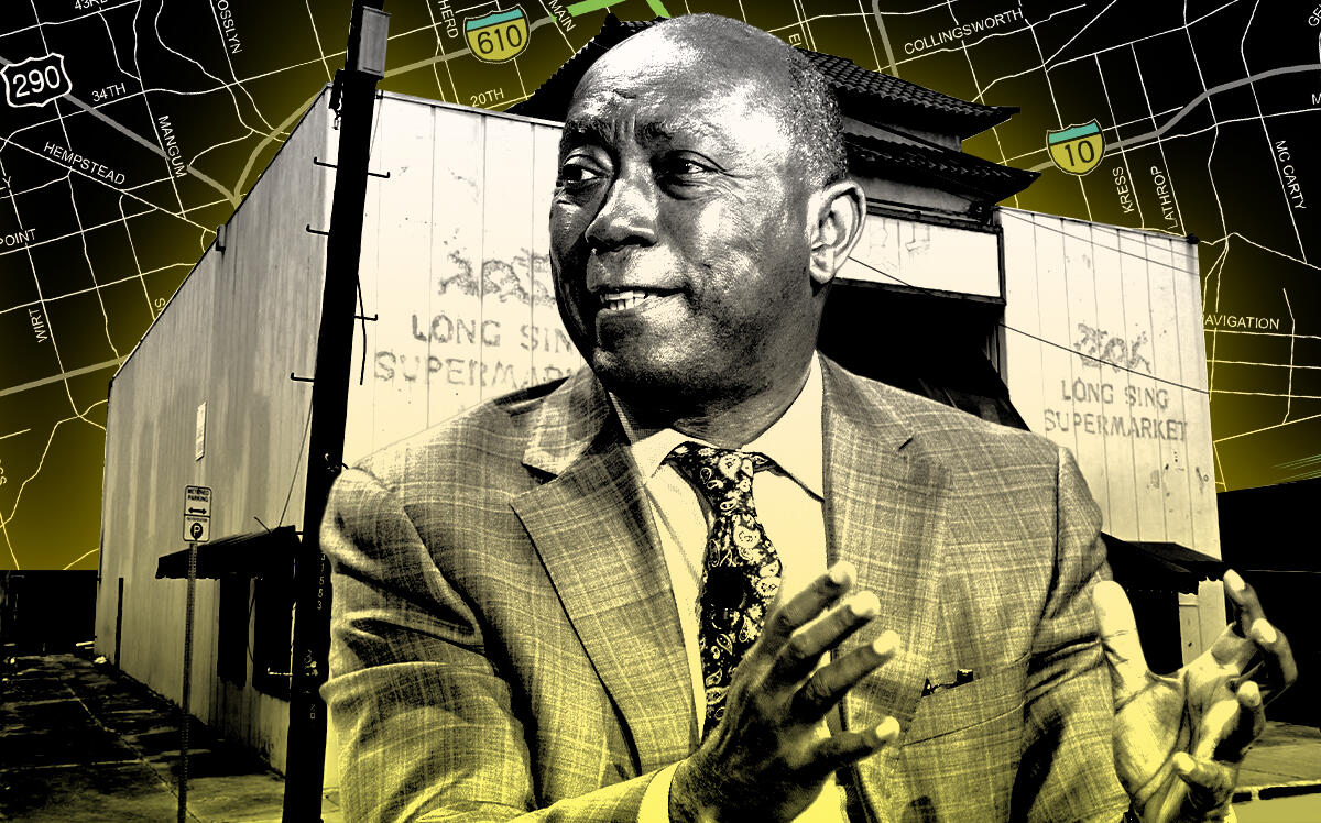 Houston Mayor Sylvester Turner and the former Long Sing Supermarket along with a map of the North Houston Highway Improvement Project (Getty Images, Google Maps, City of Houston)