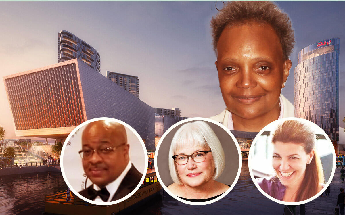 Chicago mayor Lori Lightfoot, Maurice Edwards, Robin Schabes, Julie Darling and rendering of Bally's Chicago casino (Linkedin, Central Advisory Council, Getty, Bally's)