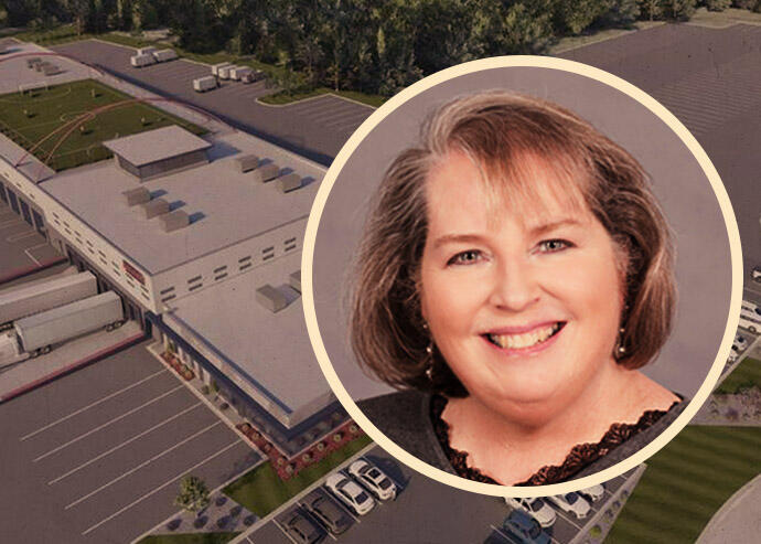 Elgin Chamber of Commerce's Carol Gieske and rendering of 47,000-square-foot warehouse–and-office project on Madeline Lane (Elgin Chamber of Commerce, Maybach International Group)