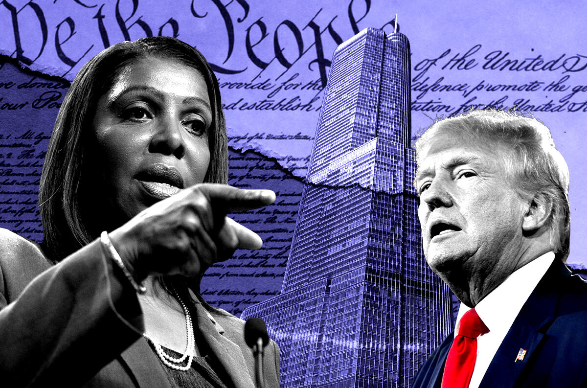 Letitia James and Donal Trump with Trump Tower Chicago