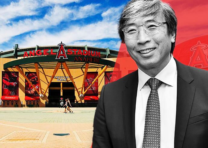 L.A. Times owner Dr. Patrick Soon-Shiong and the Angels Stadium at 2000 E. Gene Autry Way in Anaheim (Getty, MLB)