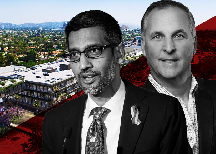 Google CEO Sundar Pichai, Hudson Pacific Properties CEO Victor Coleman and One Westside at 10800 Pico Boulevard (Hudson Pacific Properties, Getty)