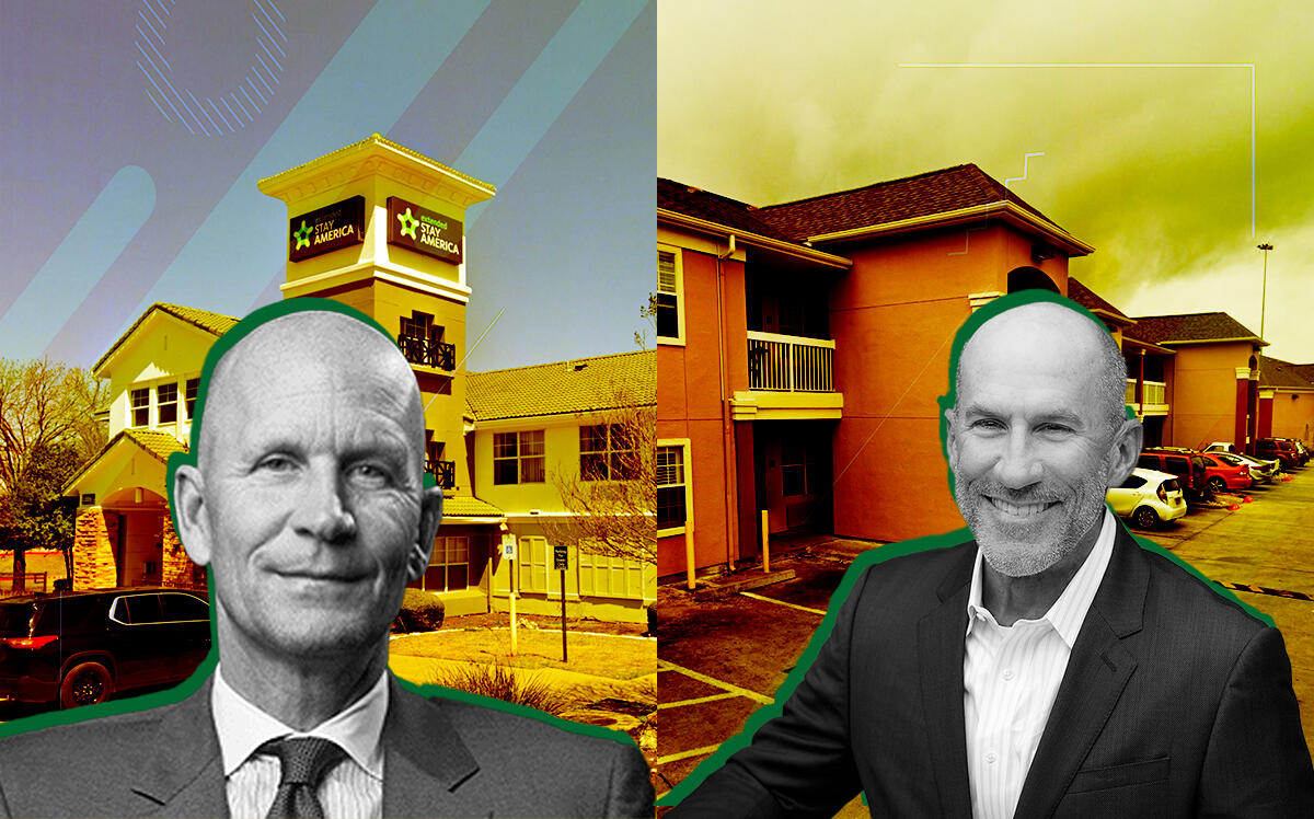 Benefit Street Partners CEO Thomas Gahn and TGP Domain Holdings David Rottman and the hotels at 2700 Gracy Farms Lane and 9100 Waterford Centre Boulevard in Austin (Benefit Street Partners, LinkedIn, Google Maps, Getty)