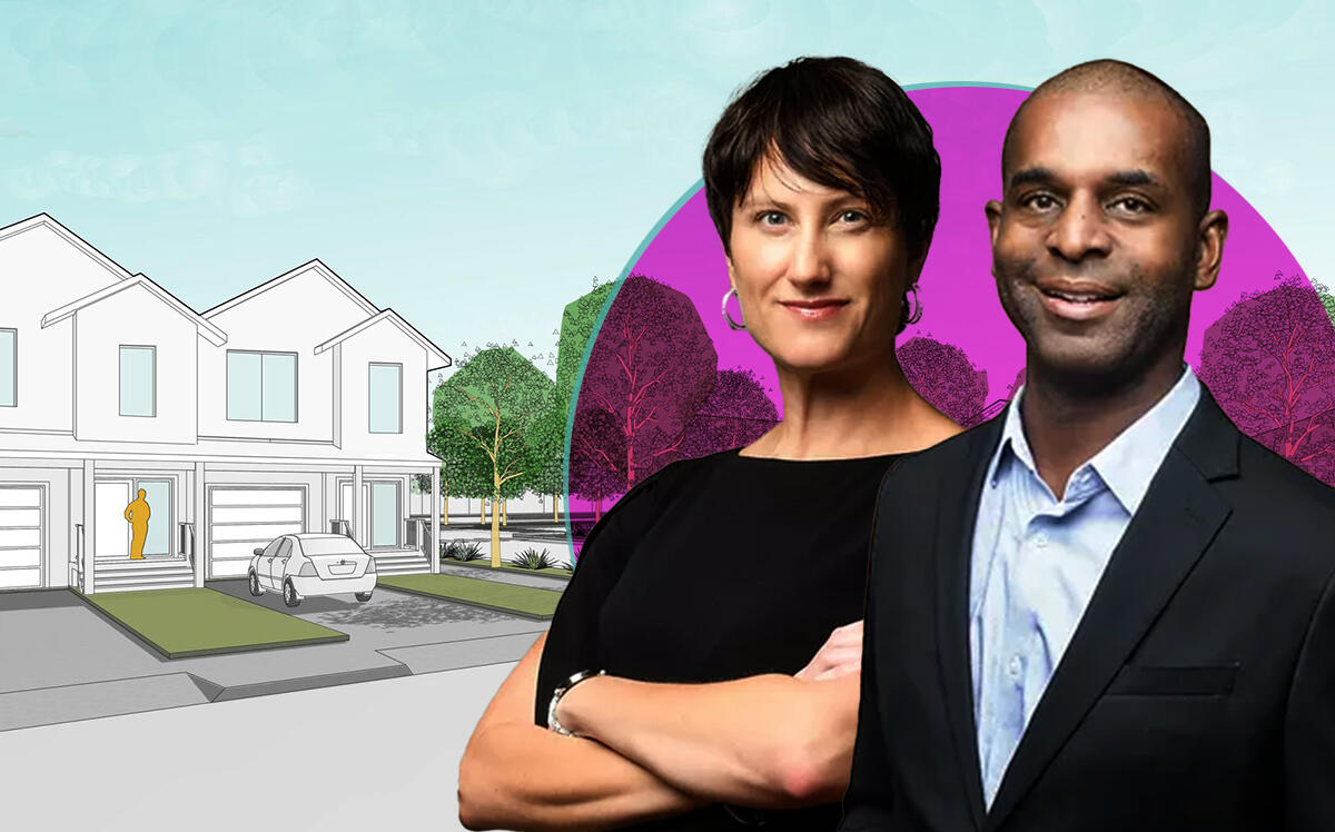 Renderings of the mixed-use development and Oak Cliff Community Investment Fund's Allison Brim and Joe Estelle (Oak Cliff Community Investment Fund)