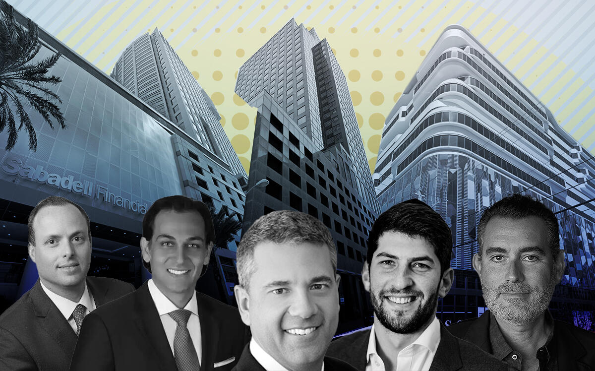 Sabadell Financial Center at 1111 Brickell Avenue in Miami, 110 Tower at 110 Southeast Sixth Street in Fort Lauderdale and The Gateway at Wynwood at 2916 North Miami Avenue in Miami with J.C. De Ona of Centennial Bank’s Southeast Florida division, Dominic Montazemi of Cushman & Wakefield, Chris Lee of CBRE, Shelby Rosenberg of R&B Realty Group and Todd Rosenberg of Pebb Capital (Google Maps, LinkedIn, Pebb Capital, R&B Realty Group, Cushman & Wakefield, CBRE)