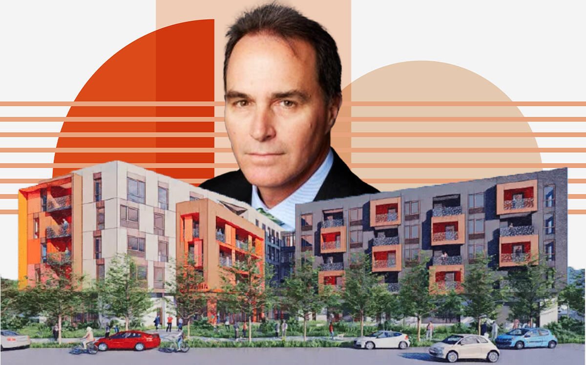 Charities Housing' Mark J. Mikl and a rendering of 1601 Civic Center Drive (LinkedIn, Charities Housing, Getty)