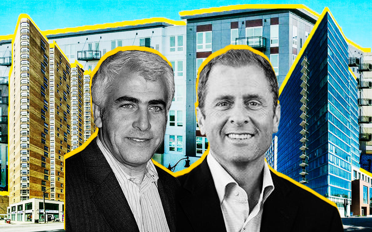 CIM Group's Shaul Kuba and The Opus Group's Dave Menke with Chestnut Place at 8 West Chestnut Street in Chicago, Vantage Oak Park at 150 Forest Avenue in Oak Park, and Ellison at 1555 Ellinwood in Des Plains (CBRE, The Opus Group)