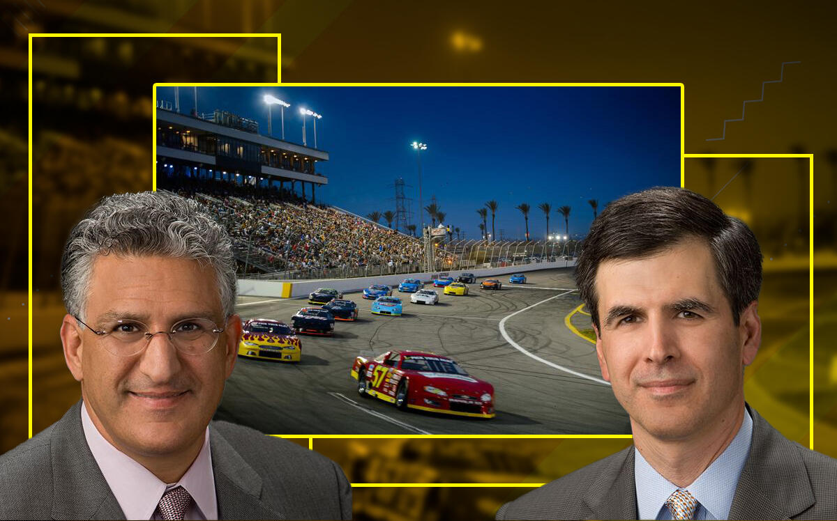 IDS Real Estate Group’s co-CEOs David Mgrublian and Murad Siam with Irwindale Speedway at 500 Speedway Drive in Irwindale (Irwindale Event Center, IDS Real Estate, Getty)