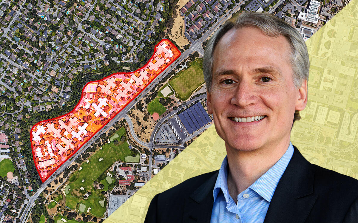 Stanford President Marc Tessier-Lavigne and a map of Oak Creek Apartments at 1600 Sand Hill Road in Palo Alto (Google Maps, President.Stanford.edu)