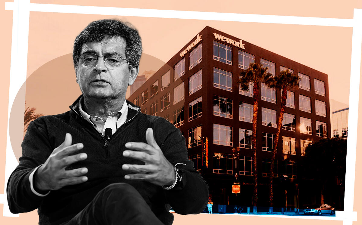 WeWork CEO Sandeep Mathrani and WeWork Lantana at 3000 Olympic Boulevard in Santa Monica (WeWork, Illustrtaion by The Real Deal with Getty)