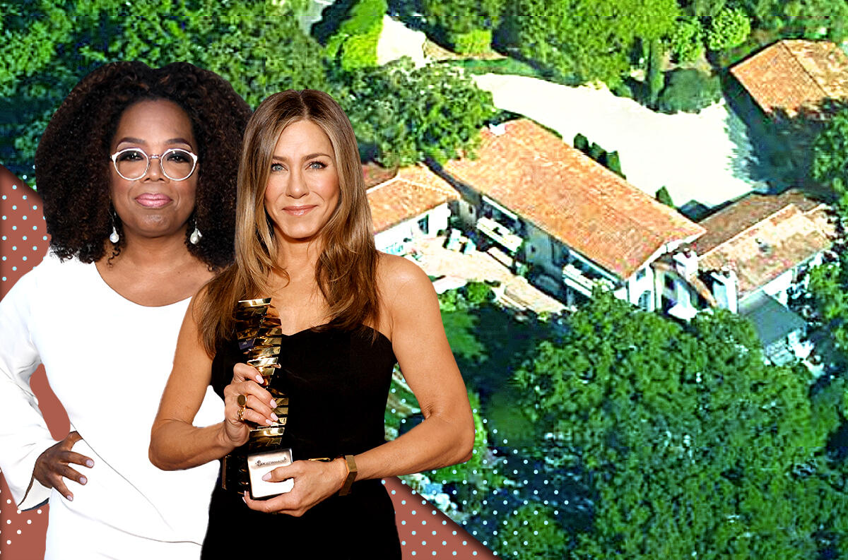 From left: Oprah Winfrey and Jennifer Aniston with her Montecito estate