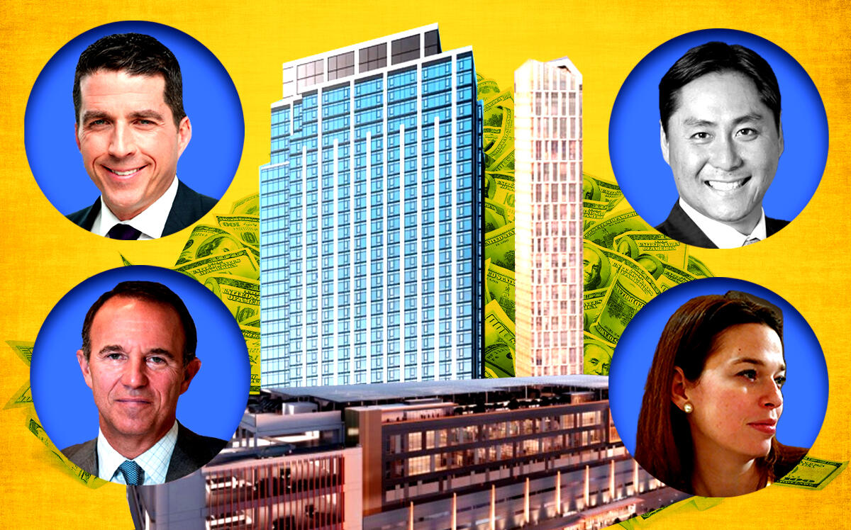 From top left: Daniel Moore, Kenneth Bernstein, Andrew Chung, and Marian Klein with 16 Dupont Street, 23-30 Borden Avenue, and Downtown Brooklyn’s City Point (LinkedIn, Getty, City Realty, Green Pearl, KSS Architects, Williams New York)