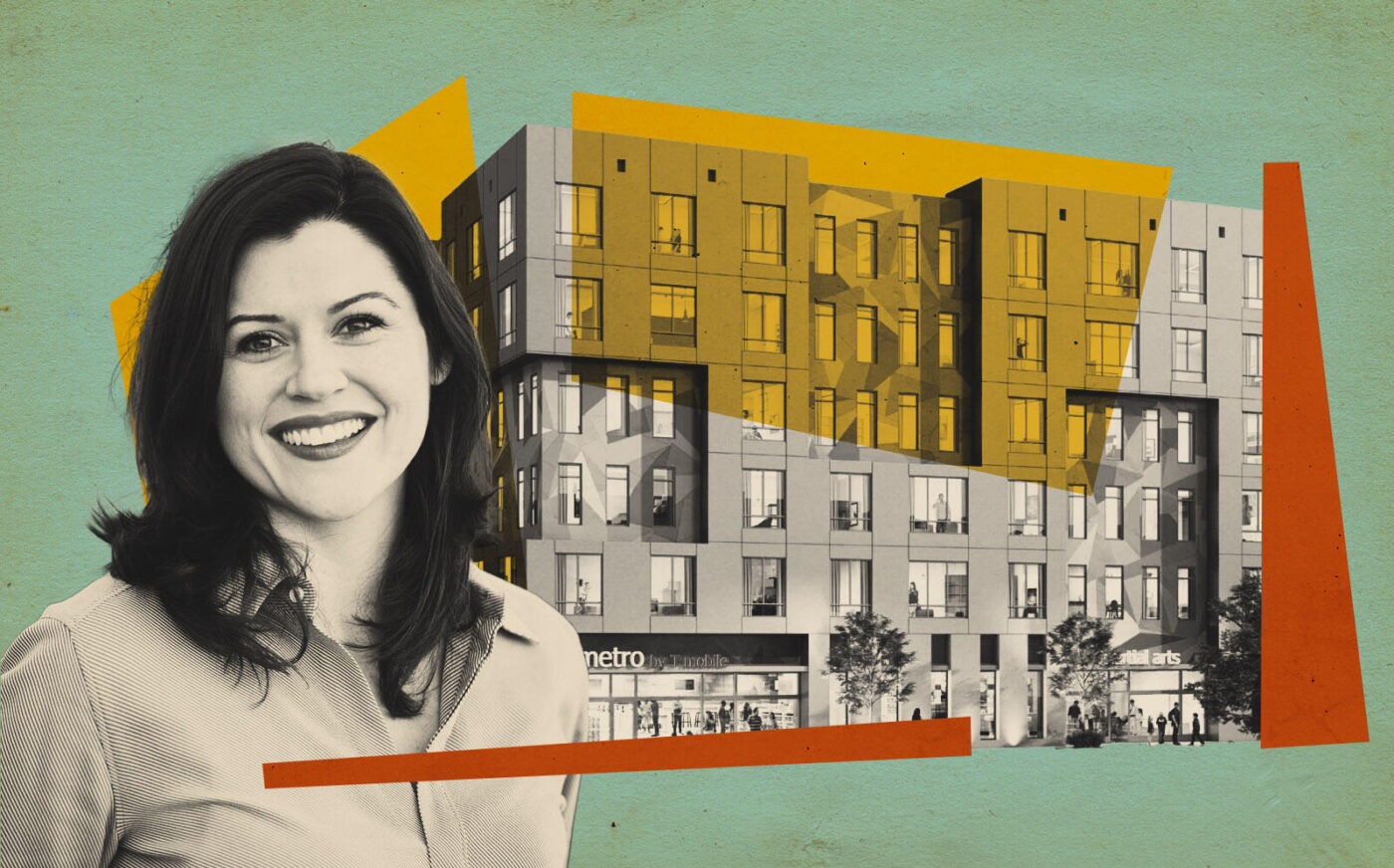 Oakbrook Partners' Elizabeth Brady and 3751 International Boulevard, Oakland (Illustration by Kevin Cifuentes for The Real Deal with Getty Images, Oakbrook Partners, KTGY)