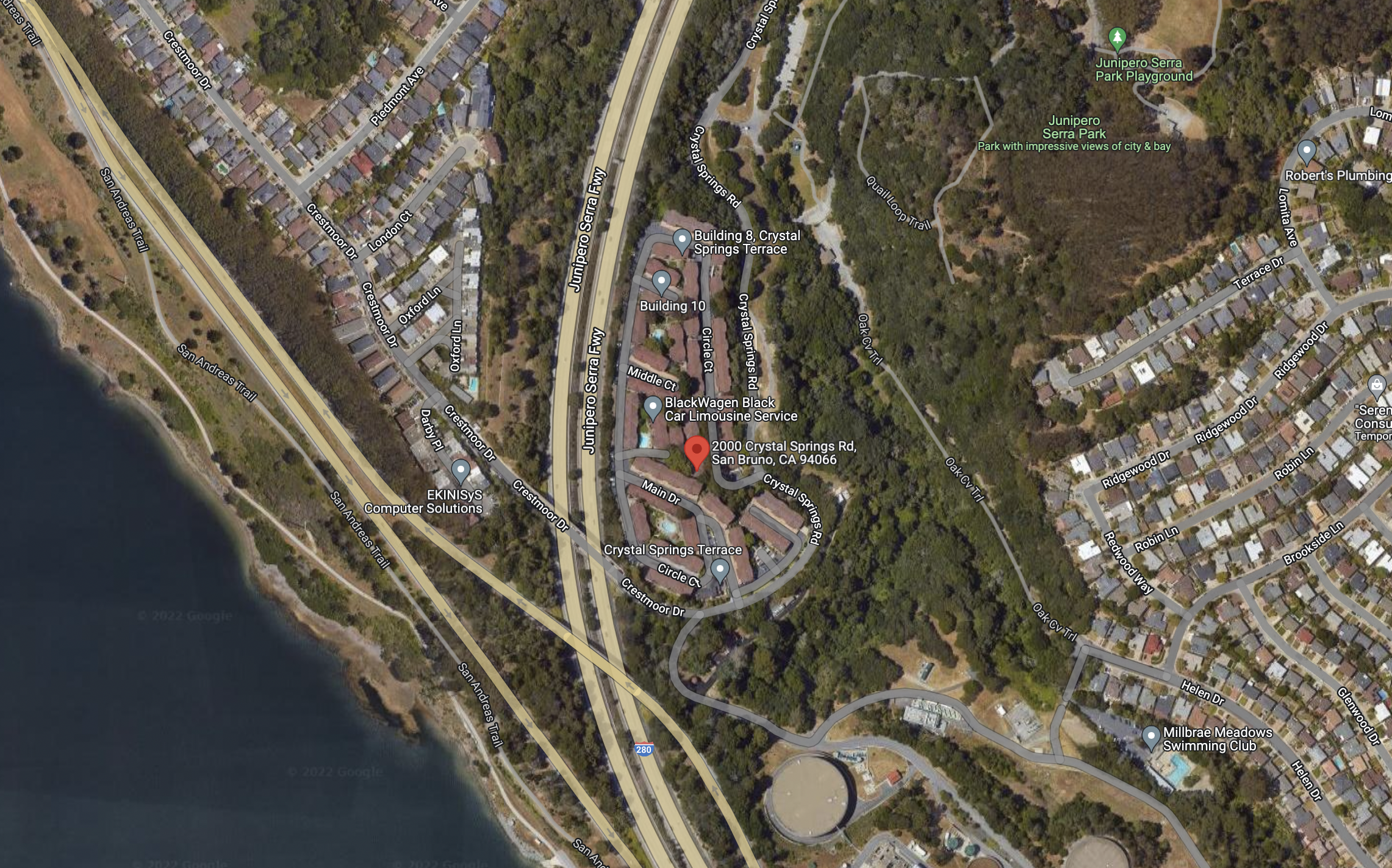 An aerial view of 2000 Crystal Springs Road in San Bruno (via Google Maps)