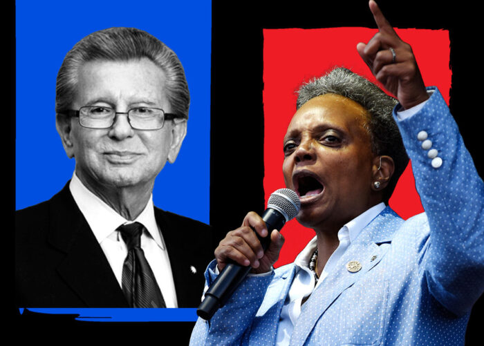 Chicago Mayor Lori Lightfoot (right) and Marcus & Millichap founder George Marcus (Getty, Marcus & Millichap)