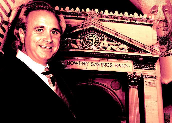 David Marvisi and the Bowery Savings Bank at 130 Bowery Street (Photo Illustration by Steven Dilakian for The Real Deal with Getty Images, Beyond My Ken, CC BY-SA 4.0 - via Wikimedia Commons)