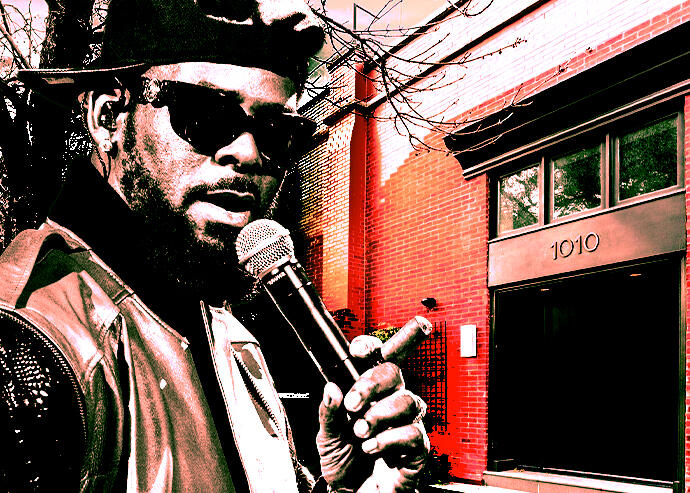 A photo illustration of R. Kelly and 1010 West George Street in Lakeview, Illinois (Getty Images, Redfin)