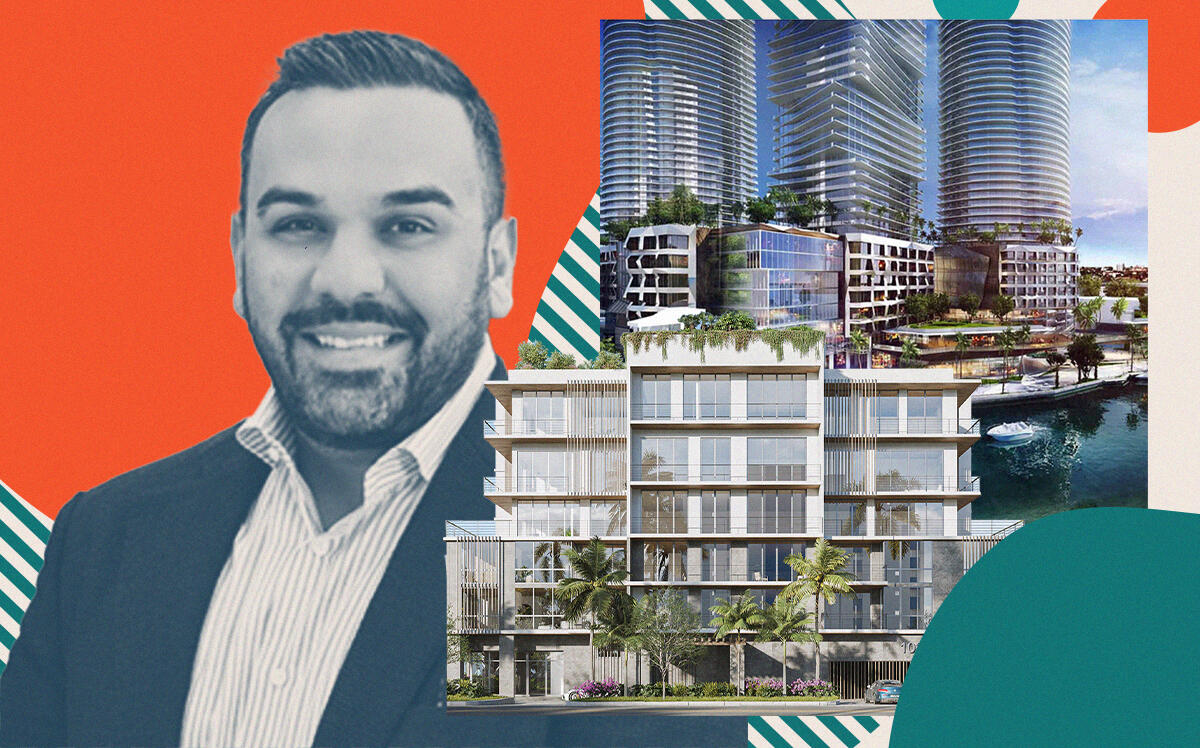 Joe Azar with rendering of Clara Bay Harbor and Chetrit Group’s project in the Miami River district (LinkedIn, Clara Homes, Getty images)