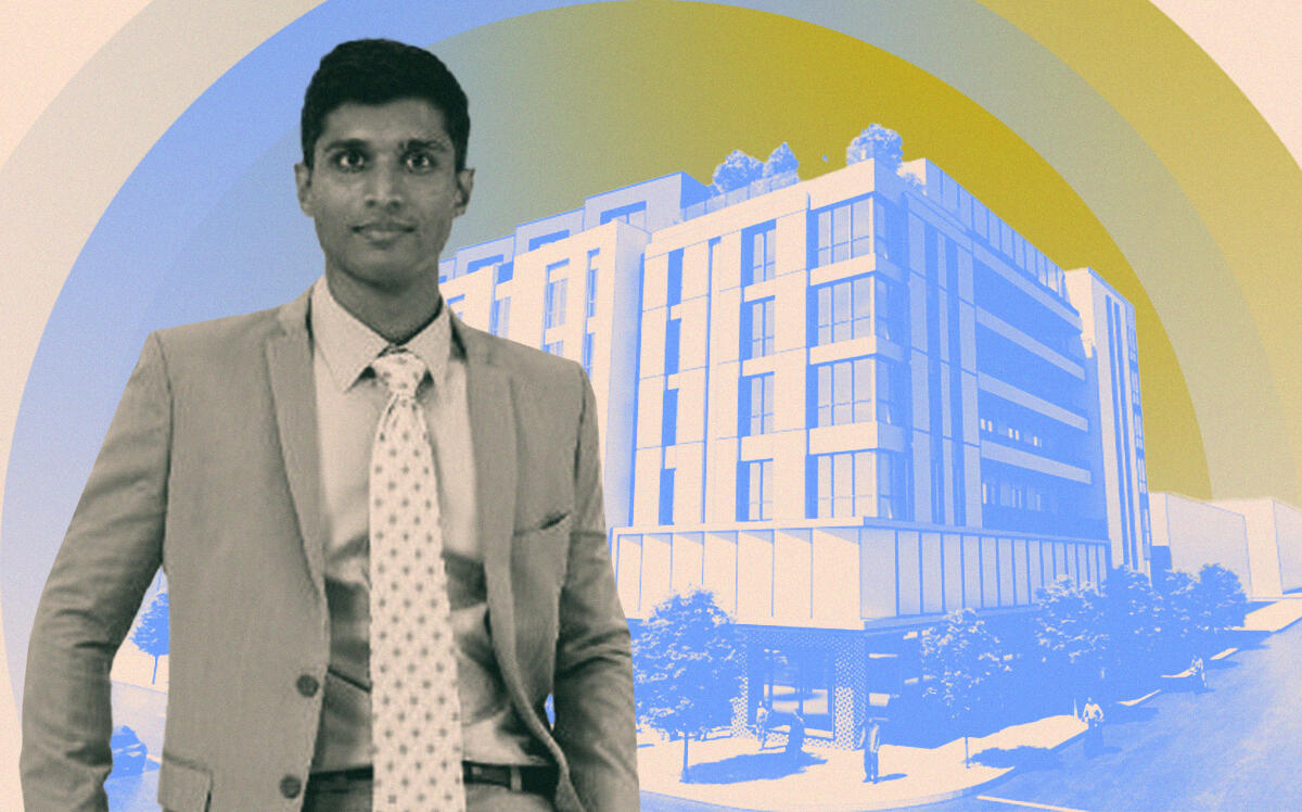 Radha MFH Cal's Nirup Venkatachalam with rendering of 11900 block of Wilshire Boulevard (LinkedIn, LA Planning Department)