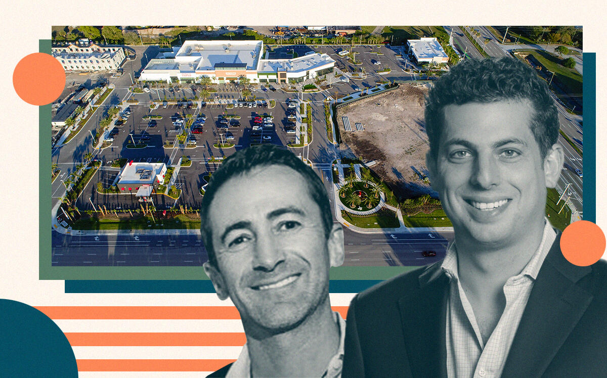 Pebb Enterprises' Ian Weiner and Banyan Development's Jason Sher with aerial view of 9850 Jog Road (Pebb Enterprises, LinkedIn)