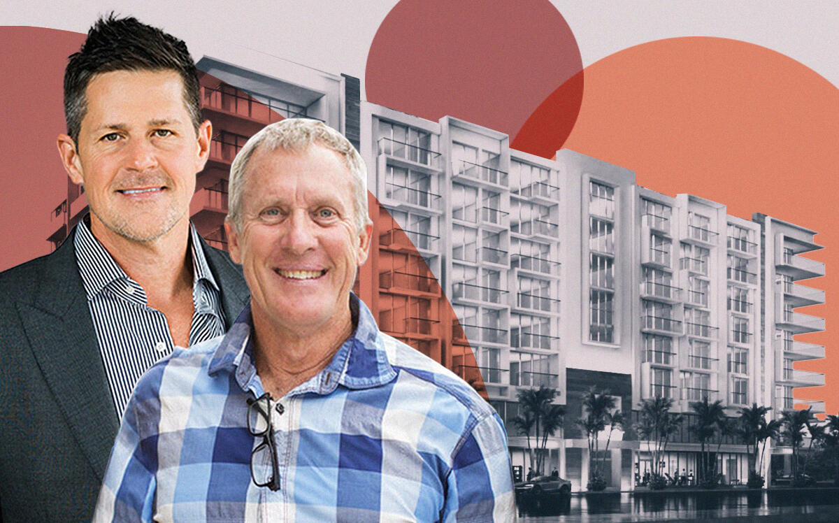Evolve's Mike Winstead Jr. and Joe McKinney with rendering of the Evolve's Wynwood project (Evolve Companies, CTD Architecture)