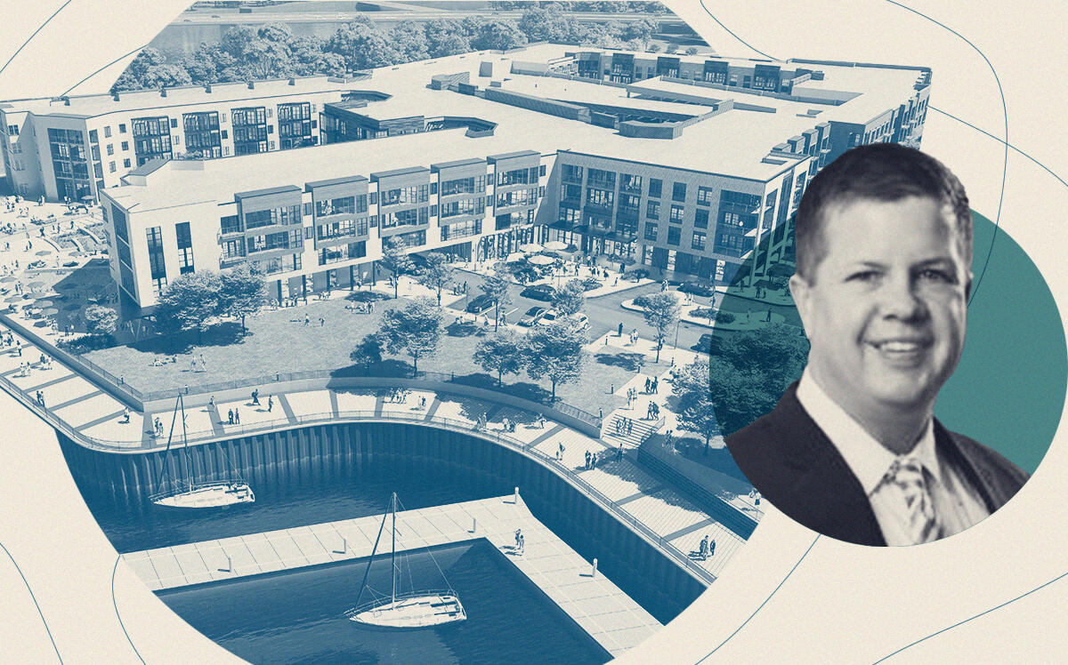 Flaherty & Collins' Ryan Cronk with rendering of planned rental complex in Bridgeport (Flaherty & Collins)