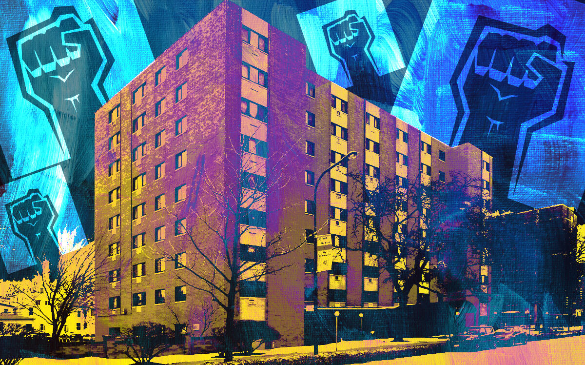 A photo illustration of the Ebenezer Primm Towers in Evanston (Getty Images, Apartments.com)