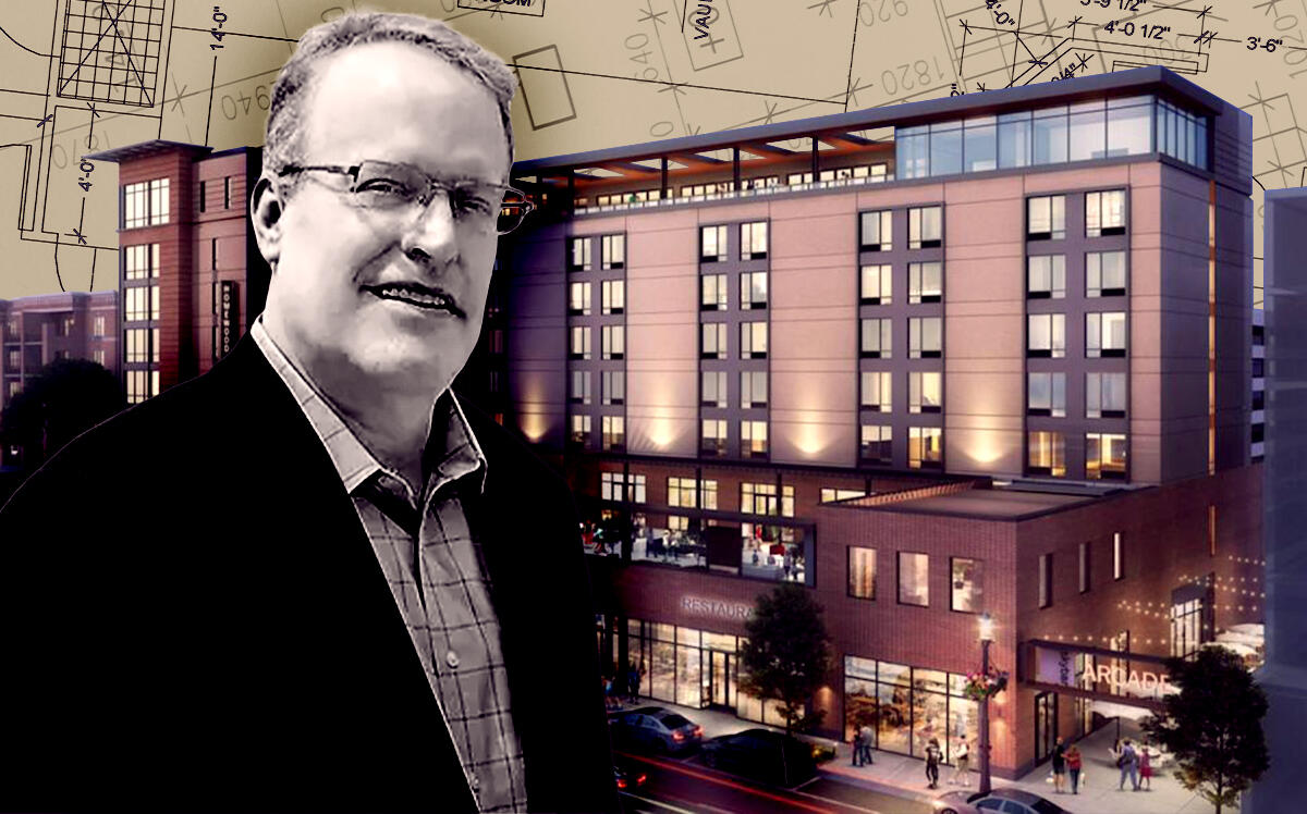 E&M Strategic Development's Mark Meyer and a rendering of the planned Homewood Suites by Hilton Hotel and Conference Center at 4930 Oakton Street in downtown Skokie (E&M, Getty Images, Village of Skokie)