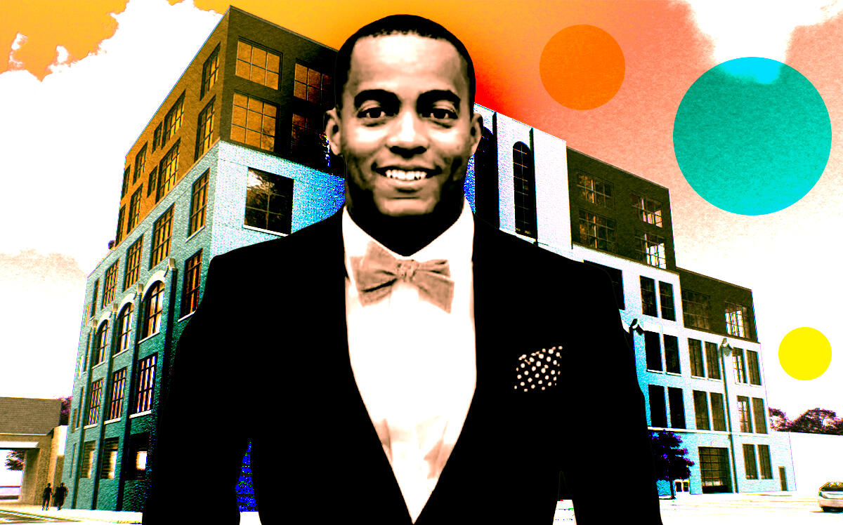 A photo illustration of 548 Capital's A.J. Patton and a rendering of the South Loop Solar Lofts (Getty Images, 548 Capital, Gregory Ramon Design Studio, Inc.)