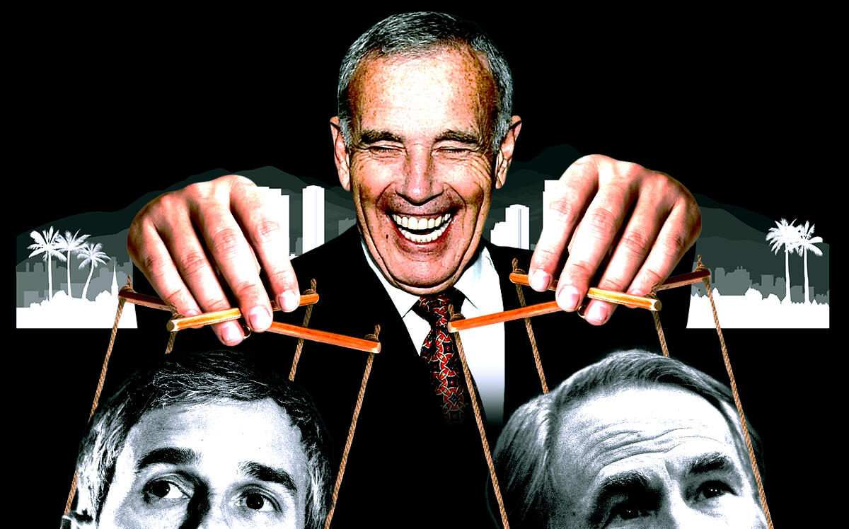 Billionaire Ed Roski playing puppeteer for Texas gubernatorial candidates Beto O'Rourke (left) and Greg Abbott (right) (Photo Illustration by Steven Dilakian for The Real Deal with Getty Images)