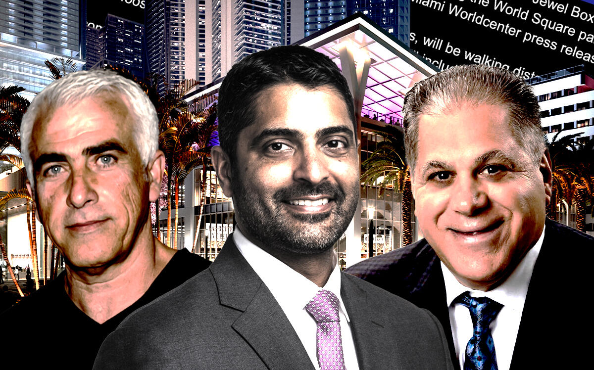 From left: CIM Group’s Shaul Kuba; Miami Worldcenter Associates' Nitin Motwani and Art Falcone; Miami Worldcenter (Miami Worldcenter Associates, CIM Group)