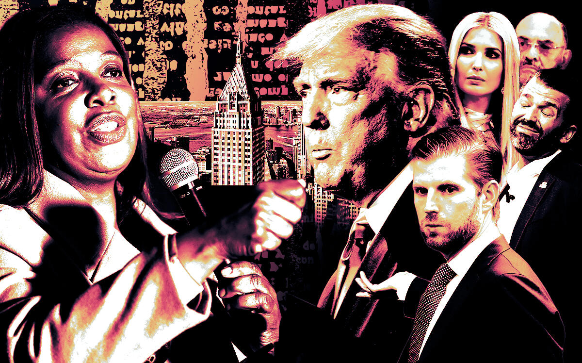 From left: Letitia James, Donald Trump, Eric Trump, Ivanka Trump, Allen Weisselberg, and Donald Trump Jr. (Photo Illustration by Steven Dilakian for The Real Deal with Getty Images)