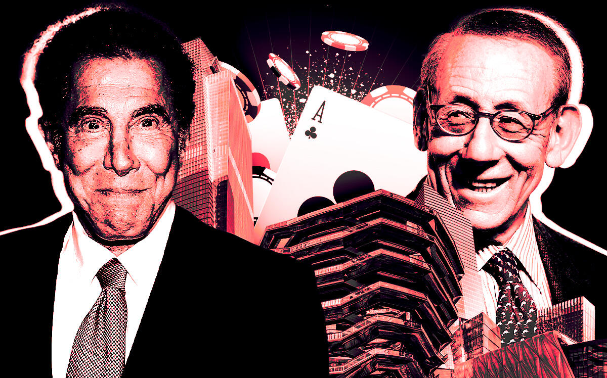 From left: A photo illustration of Steve Wynn and Stephen Ross along with Hudson Yards (Getty Images, Related Companies, Wynn Resorts)