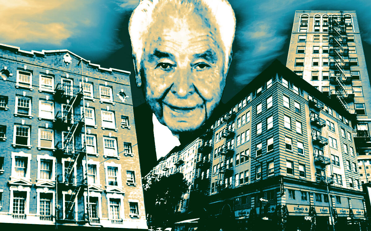 A photo illustration of Frank Lembi and 77 9th Street (left), 500 Larkin Street (mid-right) and 935 Geary Street (top right) (Getty Images, Redfin, Legacy)