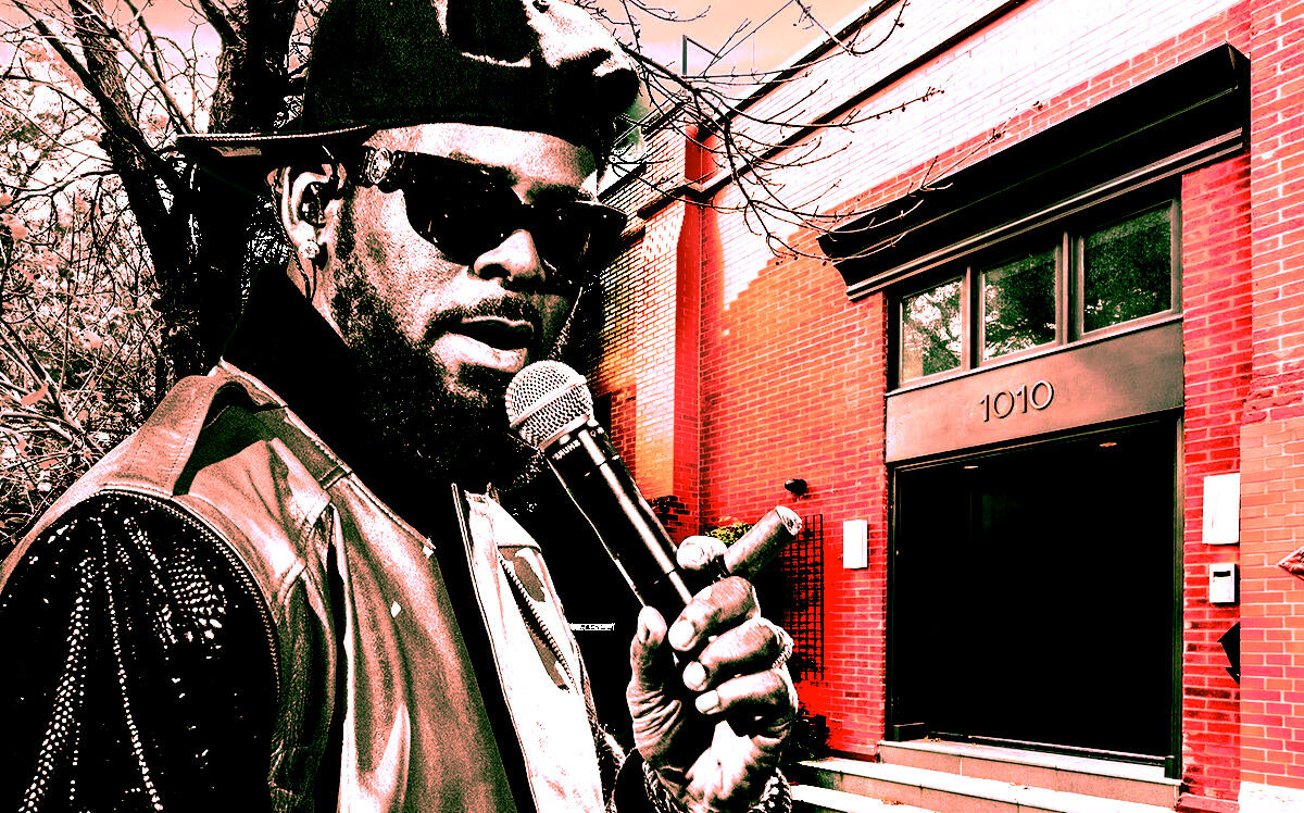 A photo illustration of R. Kelly and 1010 West George Street in Lakeview, Illinois (Getty Images, Redfin)