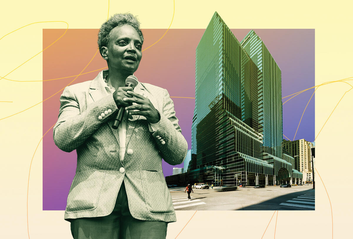 Chicago mayor Lori Lightfoot and Accenture Tower (Photo-illustration by Kevin Rebong/The Real Deal)