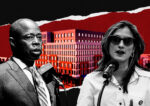 Mayor Eric Adams and City Council member Marjorie Velazquez with the Bruckner Boulevard rezoning site (Illustration by The Real Deal with Getty)