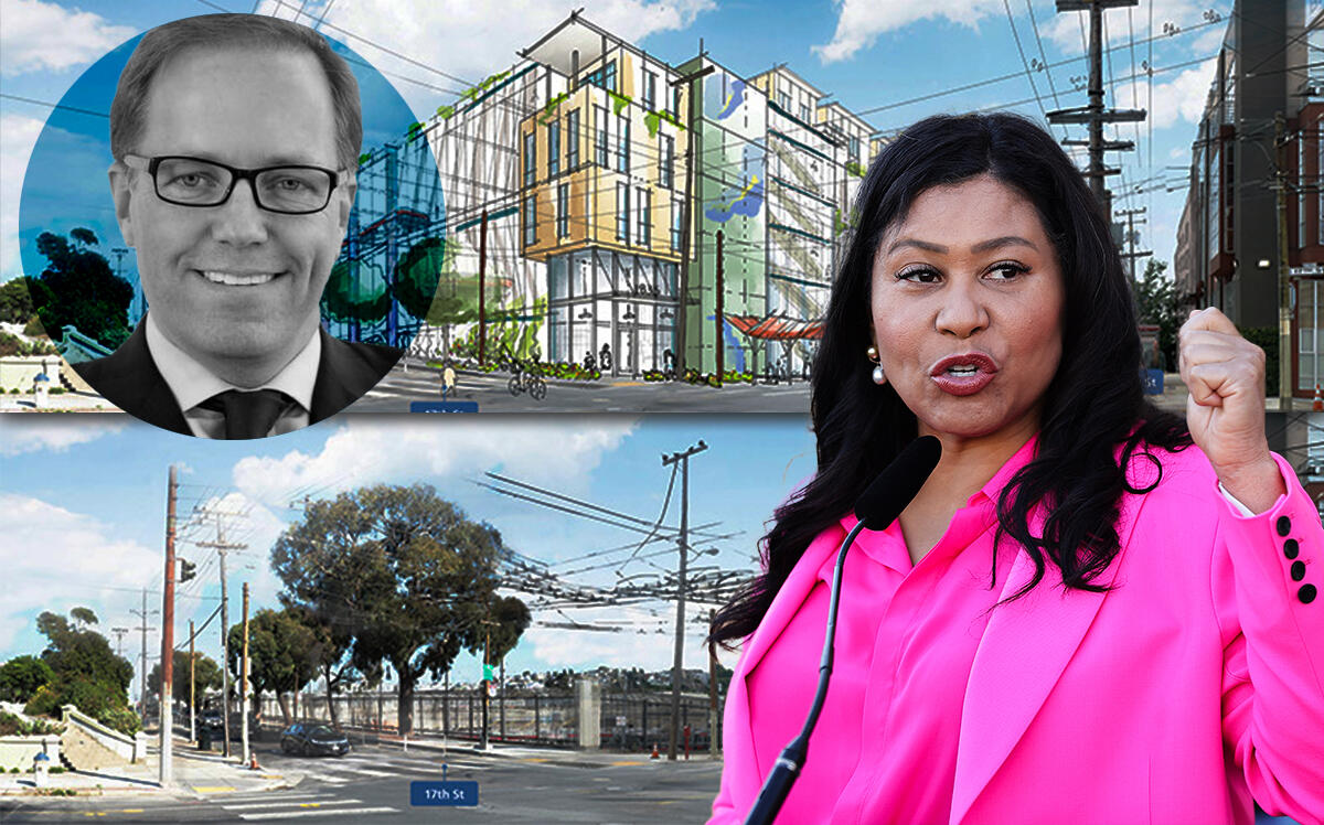 Plenary Americas ceo and president Brian Budden, San Francisco mayor London Breed and Renderings of the Reimagined Potrero Yard at 2500 Mariposa Street in San Francisco (SFMTA, Plenary Group, Getty)