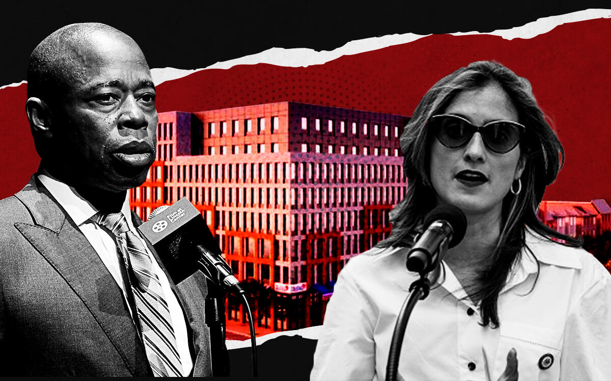 Mayor Eric Adams and City Council member Marjorie Velazquez with the Bruckner Boulevard rezoning site (Illustration by The Real Deal with Getty)
