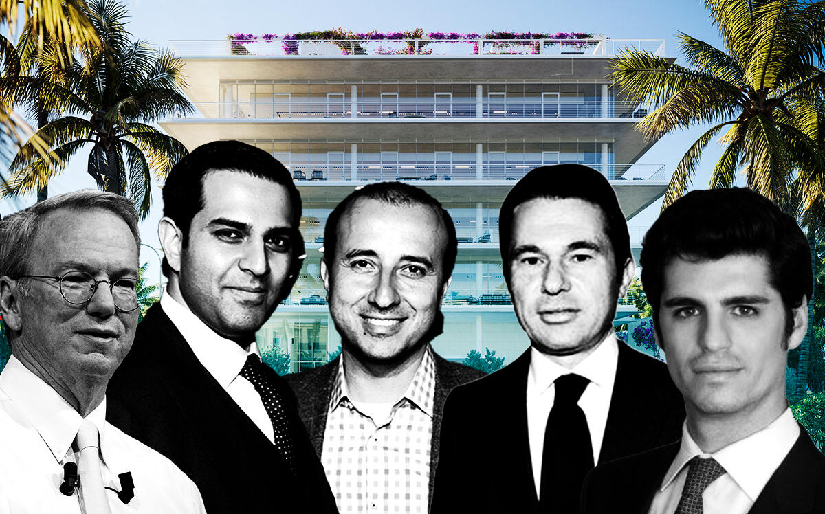 Former Google CEO Eric Schmidt, Developers Amit Khurana, Saif Sumaida, Davide Bizzi, and Alessandro Pallaoro with a rendering of Fifth Miami Beach (Getty, LinkedIn, Sumaida + Khurana and Bizzi & Partners)