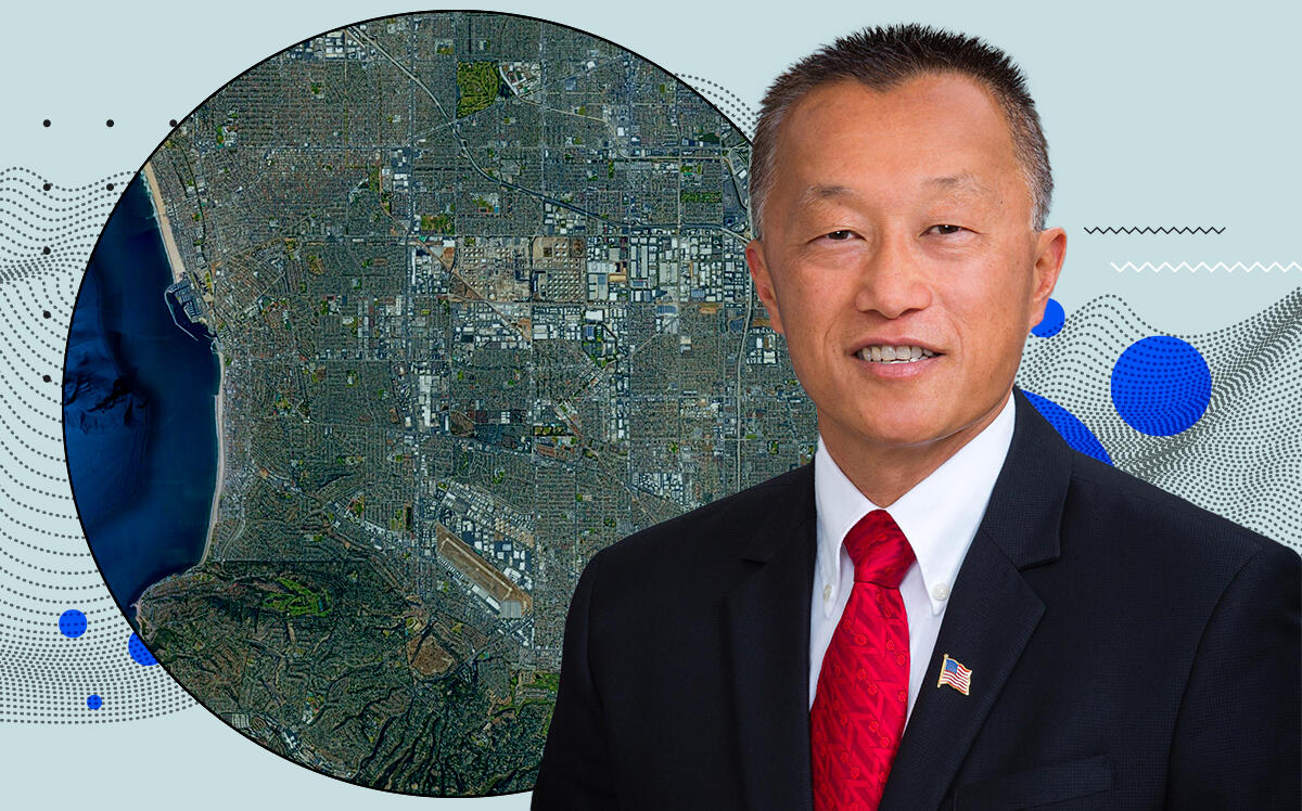 Torrance mayor George Chen and an aerial of Torrance, CA (Google Maps, TorrenceCA.gov, Getty)