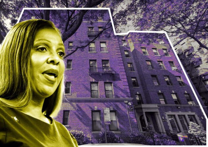 New York attorney general Letitia James and 109-20 Queens Boulevard in Forest Hills (Getty, Google Maps)