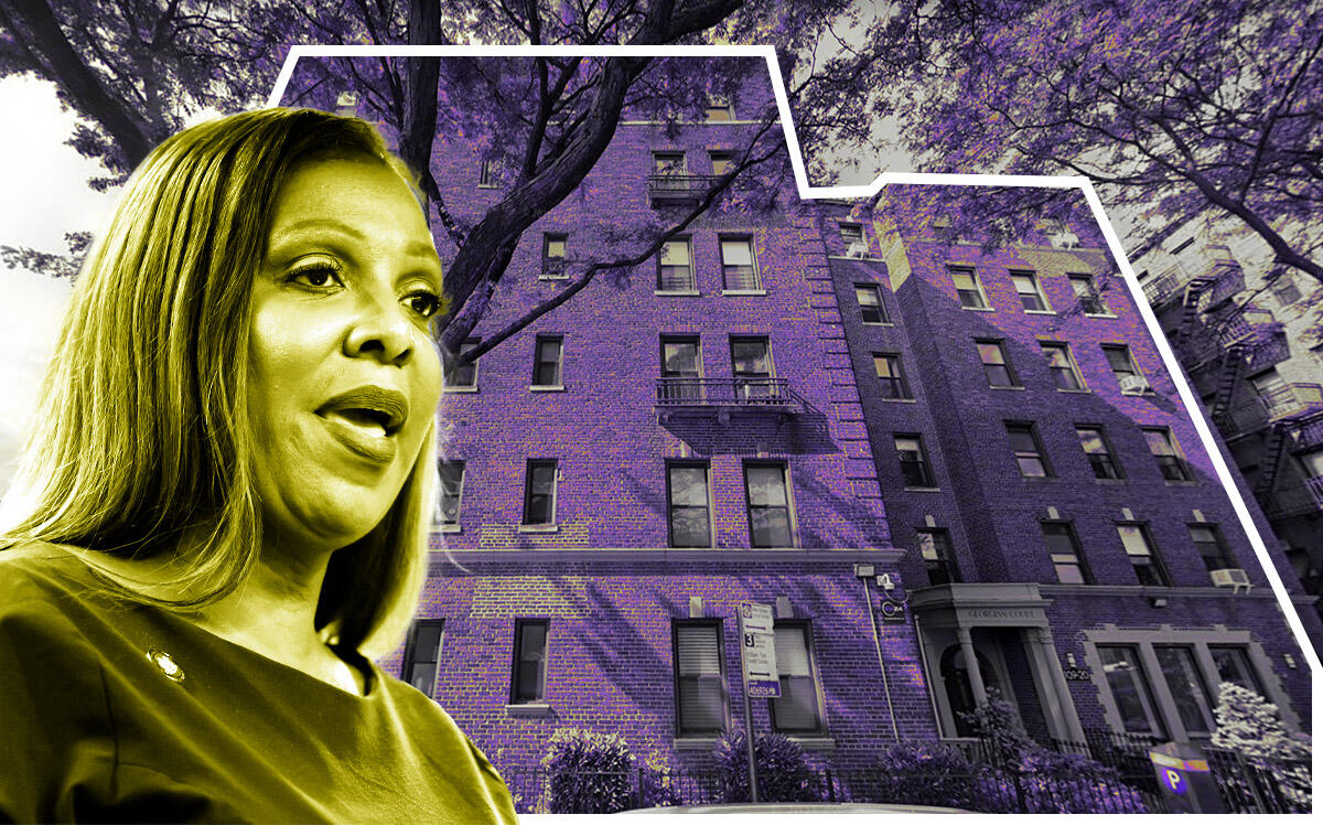 New York attorney general Letitia James and 109-20 Queens Boulevard in Forest Hills (Getty, Google Maps)