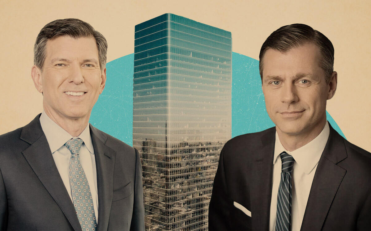 KPMG's Paul Knopp, Brookfield Properties’ Brian Kingston and 2 Manhattan West (Illustration by Kevin Cifuentes for The Real Deal with Getty Images, Linkedin, Brookfield Properties)
