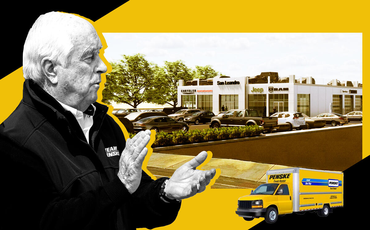 Roger Penske and 635 Marina Boulevard in San Leandro (Getty, LoopNet)