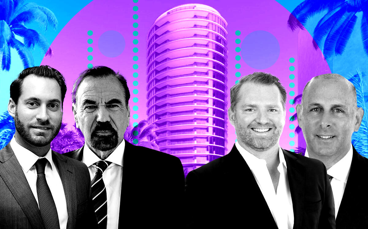 From left: Jon Paul Perez, Jorge Perez, and Two Roads’ Taylor Collins and Reid Boren with Bal Harbour tower