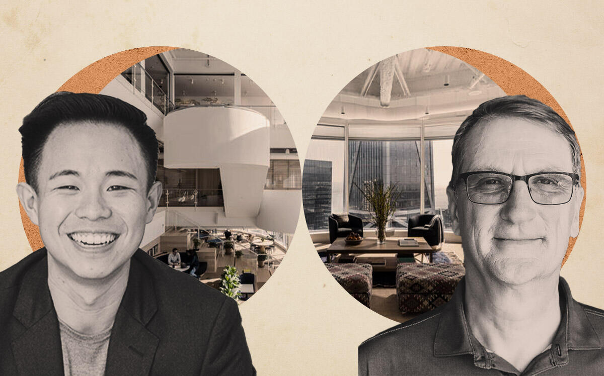 WeWork's Elton Kwok and its Salesforce office space; Pacific Workplace's Laurent Dhollande and its new Pacific Heights coworking space (Getty, WeWork, Pacific Workplace)